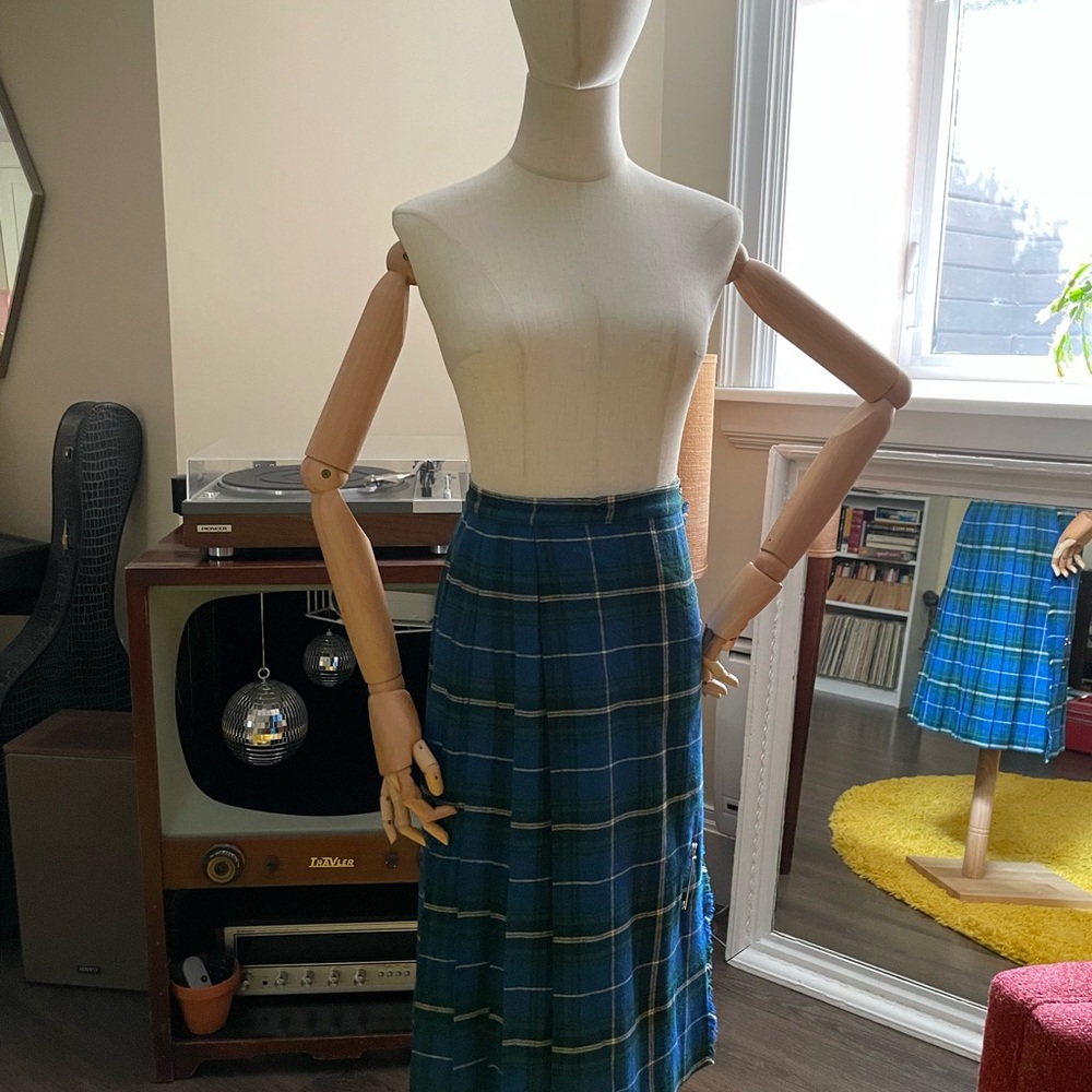 Vintage Tartan Blue and Green A-Line Midi Skirt